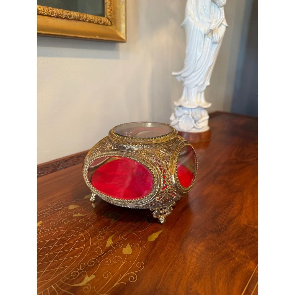Vintage Ormolu Jewelry Casket Red Velvet Beveled Glass Box - Picture 9 of 17